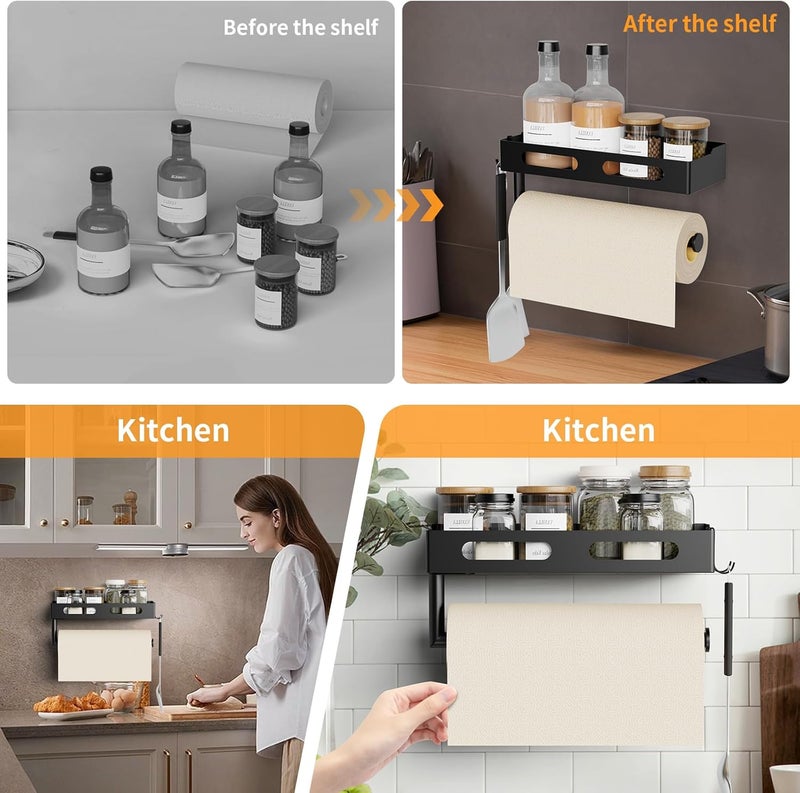 EffiJoy Paper Towel Holder Wall Mount for Kitchen, Paper Towel Holder with Shelf for Bathroom, RV Paper Towel Rack, Spice Rack with 2 Hooks,Matte Black - Image 5